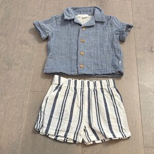 Firsts by Petit Lem Infant Organic Cotton Blue Shirt and Striped Shorts Set